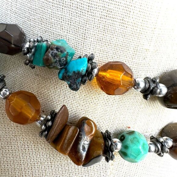 Turquoise and tiger eye long beaded necklace - Picture 5 of 7